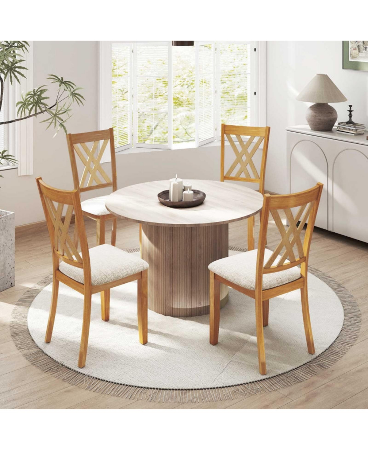 Sugift Set of 4 Linen Upholstered Wooden Dining Chairs with Rubber Wood Frame for Dining Room