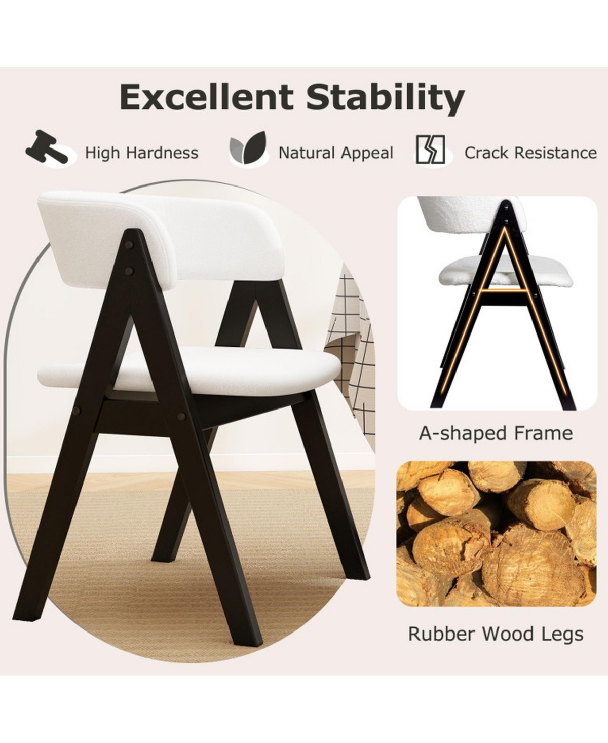 Sugift Set of 4 Mid-Century Modern Sherpa Upholstered Wooden Dining Chairs for Kitchen Dining Room