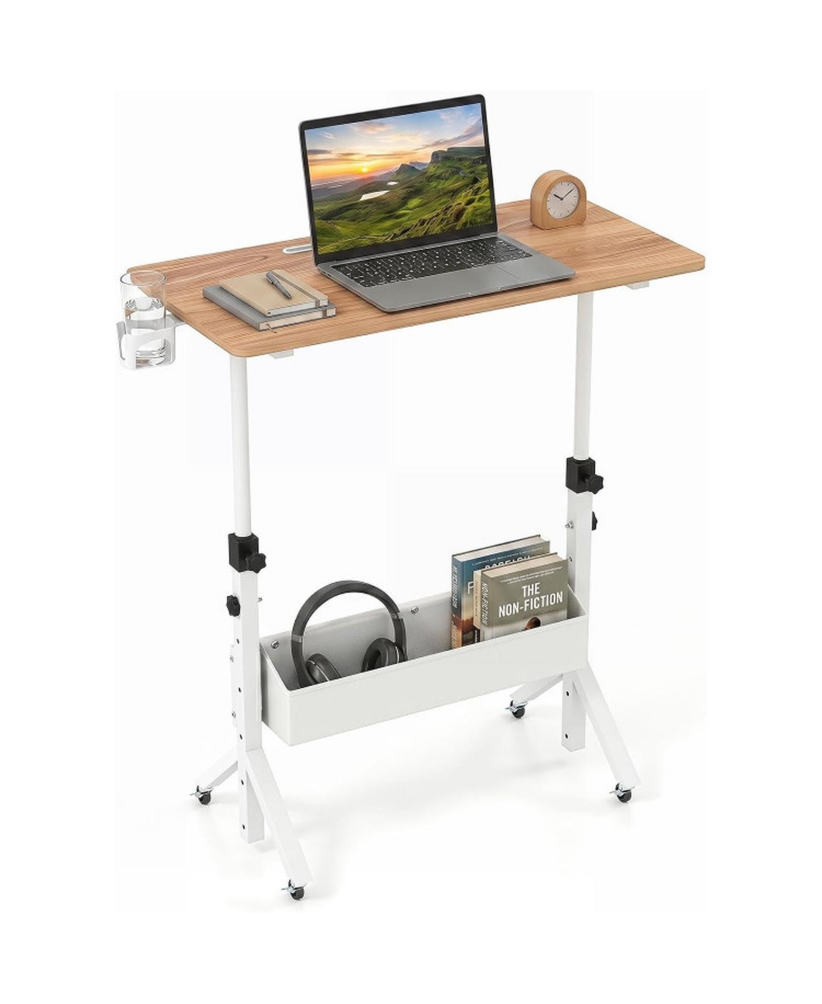 Sugift Mobile Standing Desk Height Adjustable Rolling Laptop Desk with Cup Holder Storage Basket - Natural