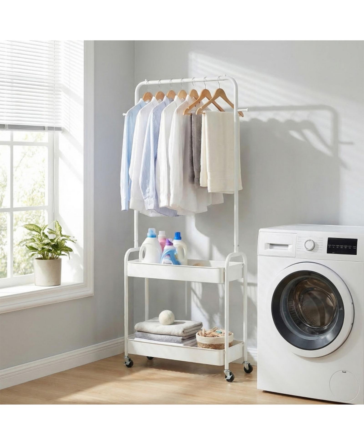 Sugift Heavy-Duty Laundry Cart with Hanging Rod 2 Storage Baskets and 2 Side Hooks for Bedroom