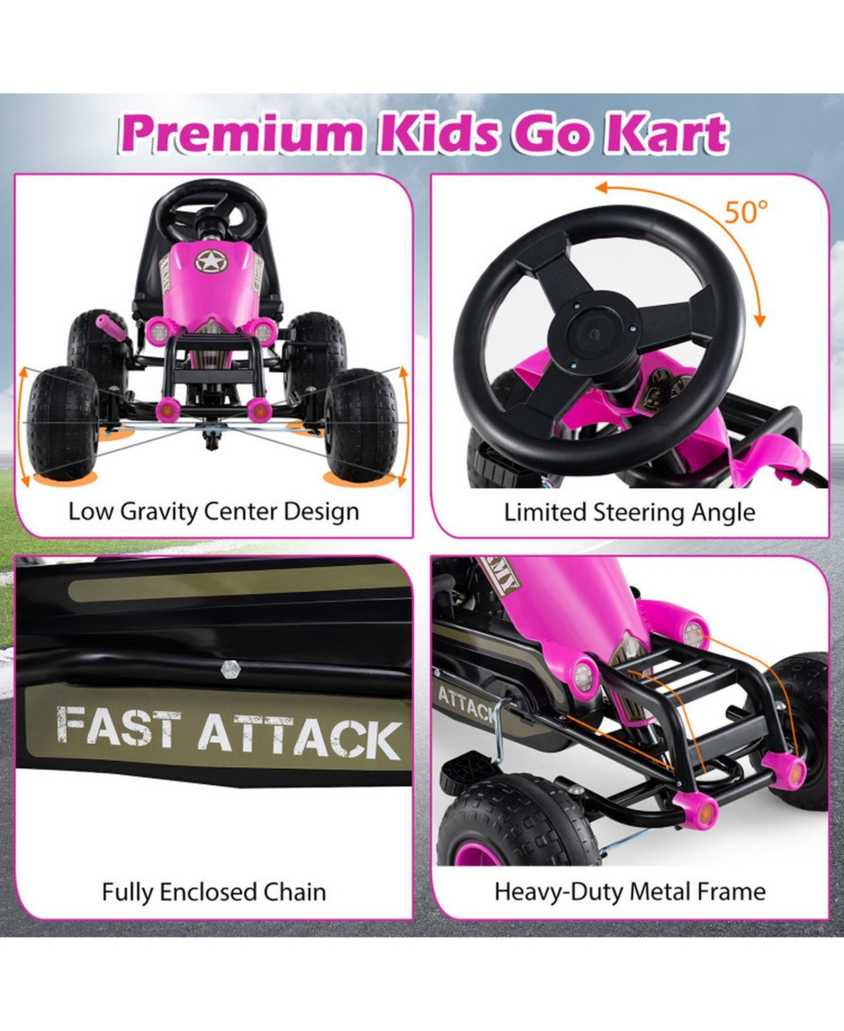 Sugift Pedal Go Kart with Adjustable Seat and Metal Frame, 77 lb. Capacity, Ages 3+