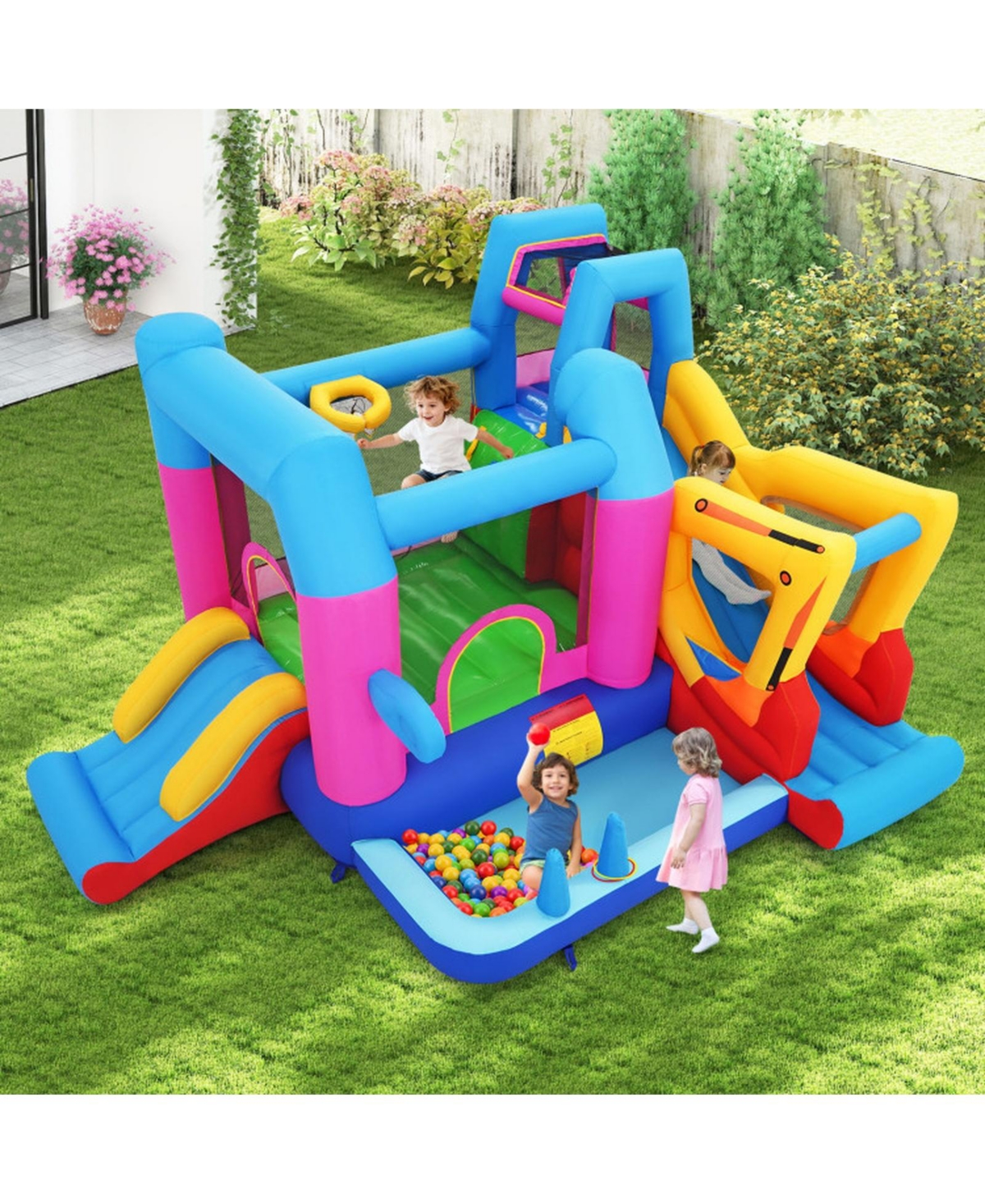 Hongge 8-in-1 Excavator Themed Inflatable Bounce House with 780W Blower, Ages 3-12