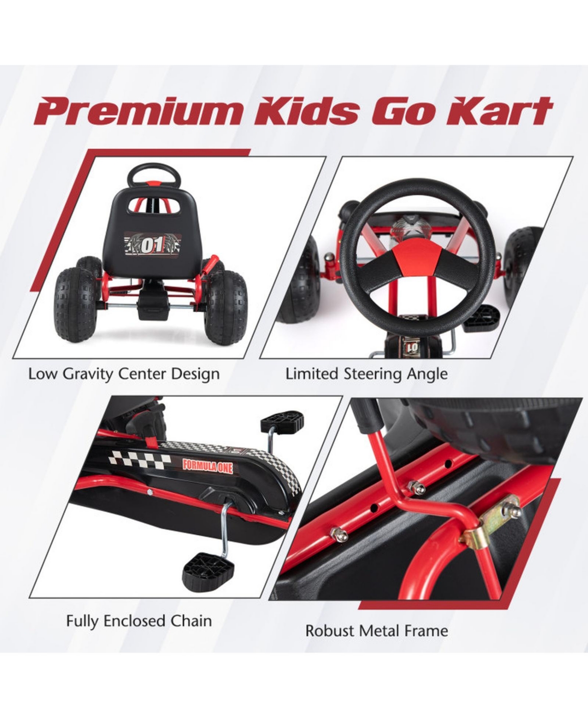 Hongge Pedal Go Kart with Adjustable Seat, Hand Brake and All-Terrain Wheels, 77 lb Capacity, Ages 3-8