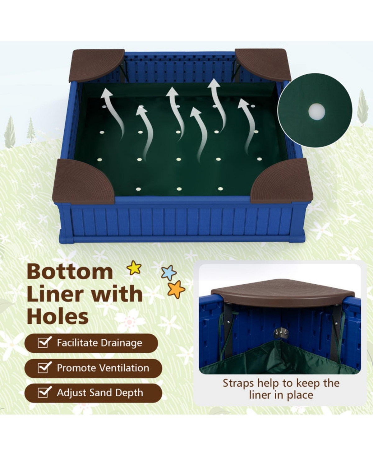 Hongge Kids 48.5" Square Outdoor Sandbox with Waterproof Oxford Cover and 4 Corner Seats, Ages 3+