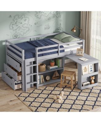Twin Loft Bed with Drawer Cabinet, Shelf Cabinet and Pulling Out Desk, Guardrail ,Ladder