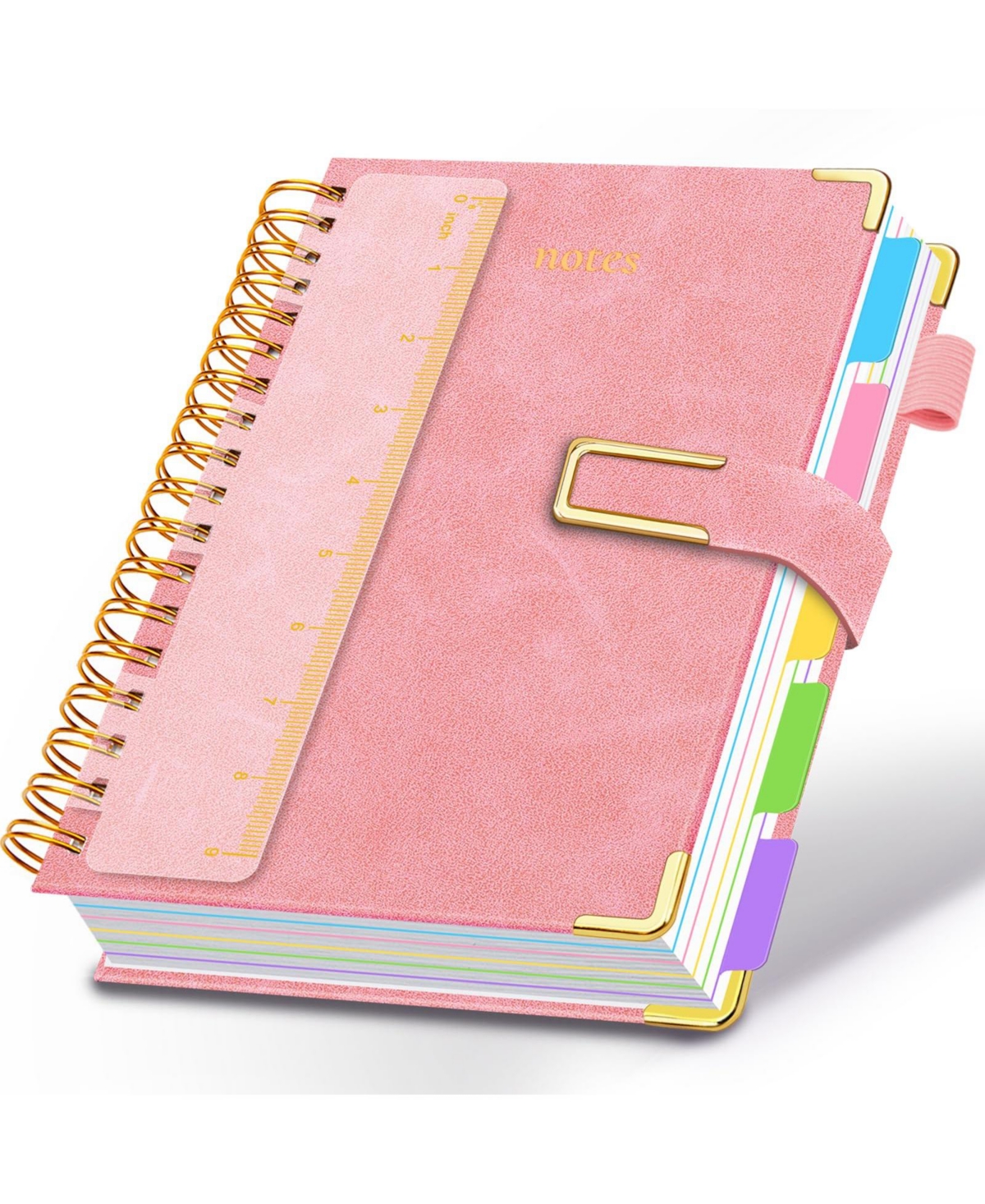 Danrong Hardcover Spiral Notebook College Ruled Leather Journal 5 Subject Dividers 300 Pages Magnetic Closure - Pink b5-8"x10"