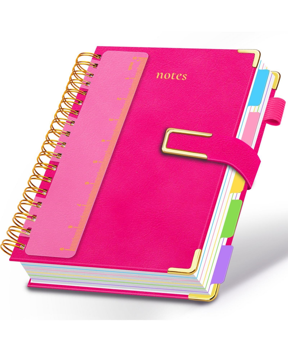 Danrong Hardcover Spiral Notebook College Ruled Leather Journal 5 Subject Dividers 300 Pages Magnetic Closure - Rose red b5-8"x10"