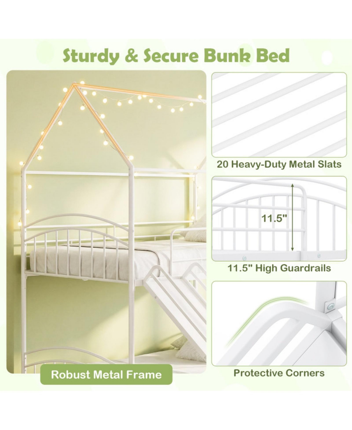 Sugift Twin-Over-Twin House Bunk Bed Frame with Metal Slats