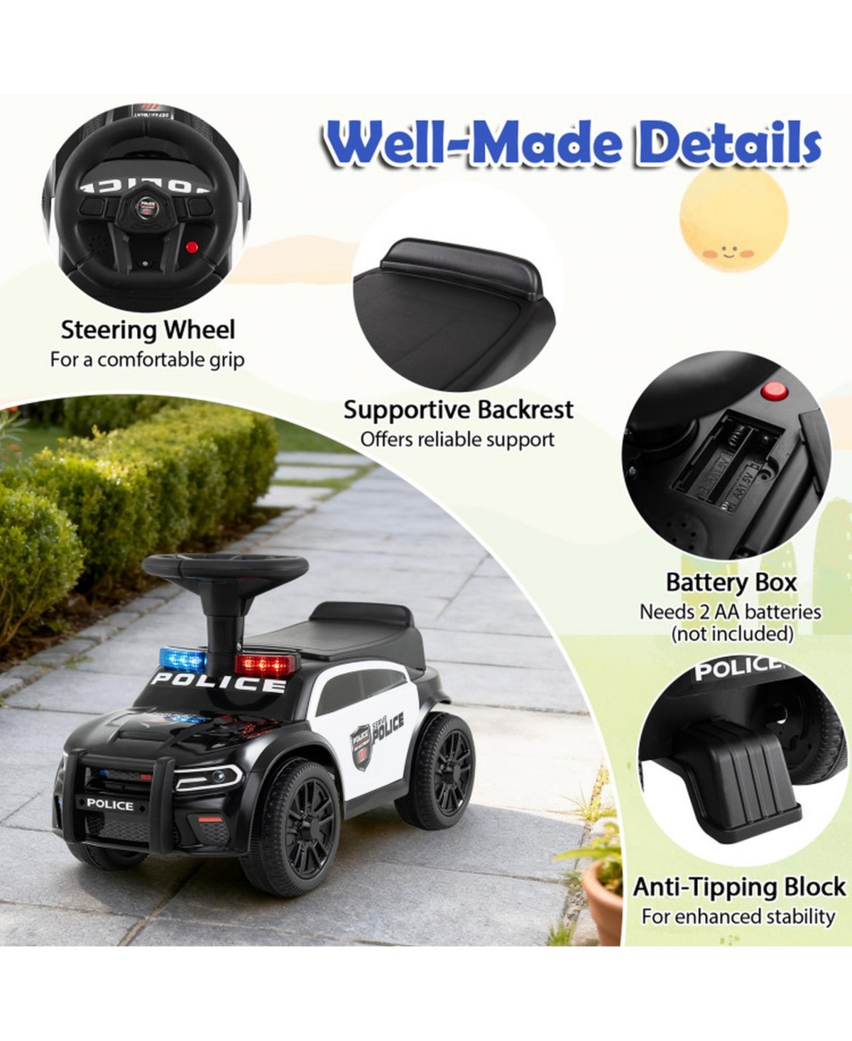 Hongge Toddler Police Sliding Car with Steering Wheel and Storage, Ages 18 Months+
