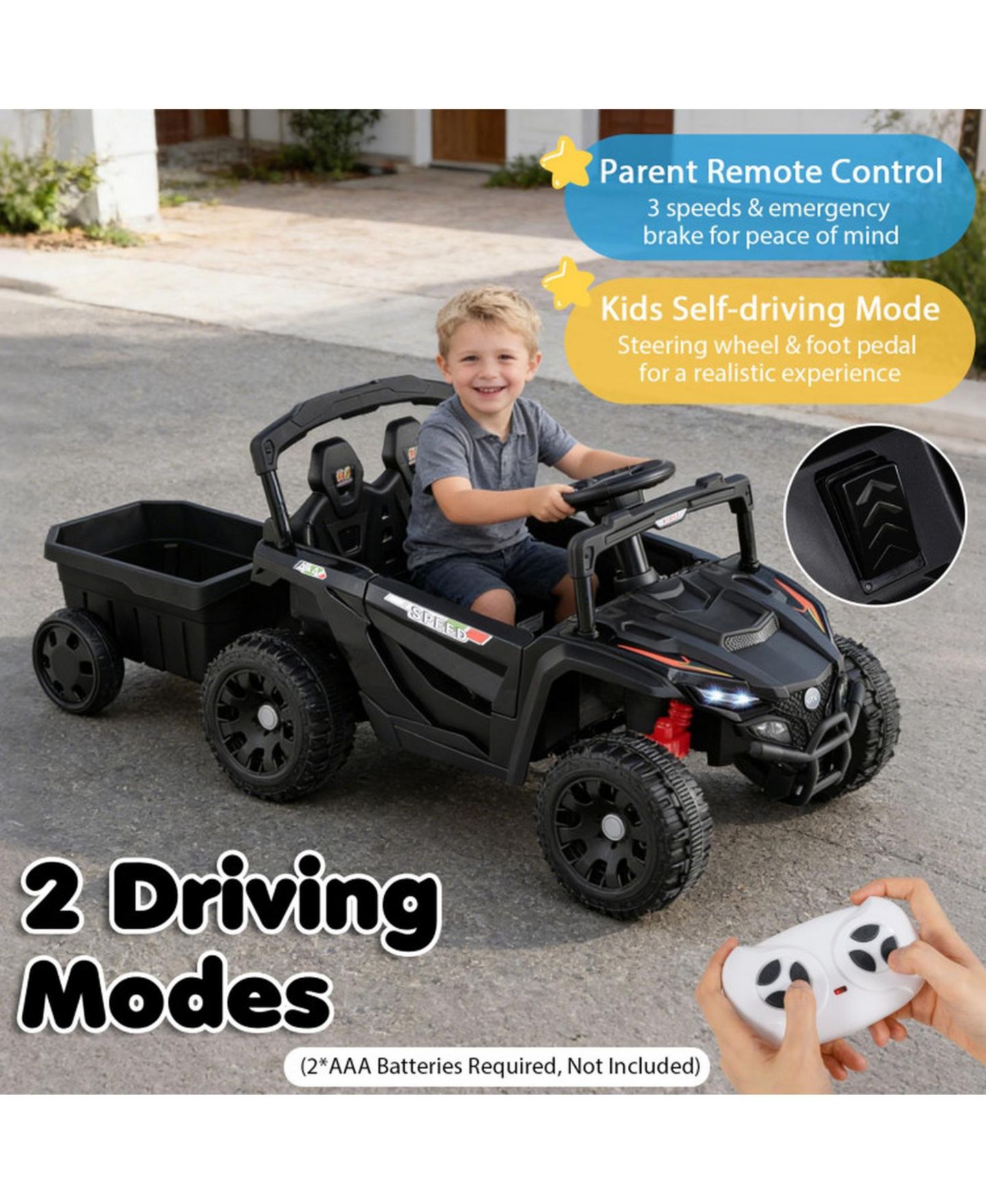 Детская игрушка HONGGE 12V Kids Ride-On Tractor with Detachable Trailer Parent Remote and LED Lights, цвет: Тёмный серый — фото 6