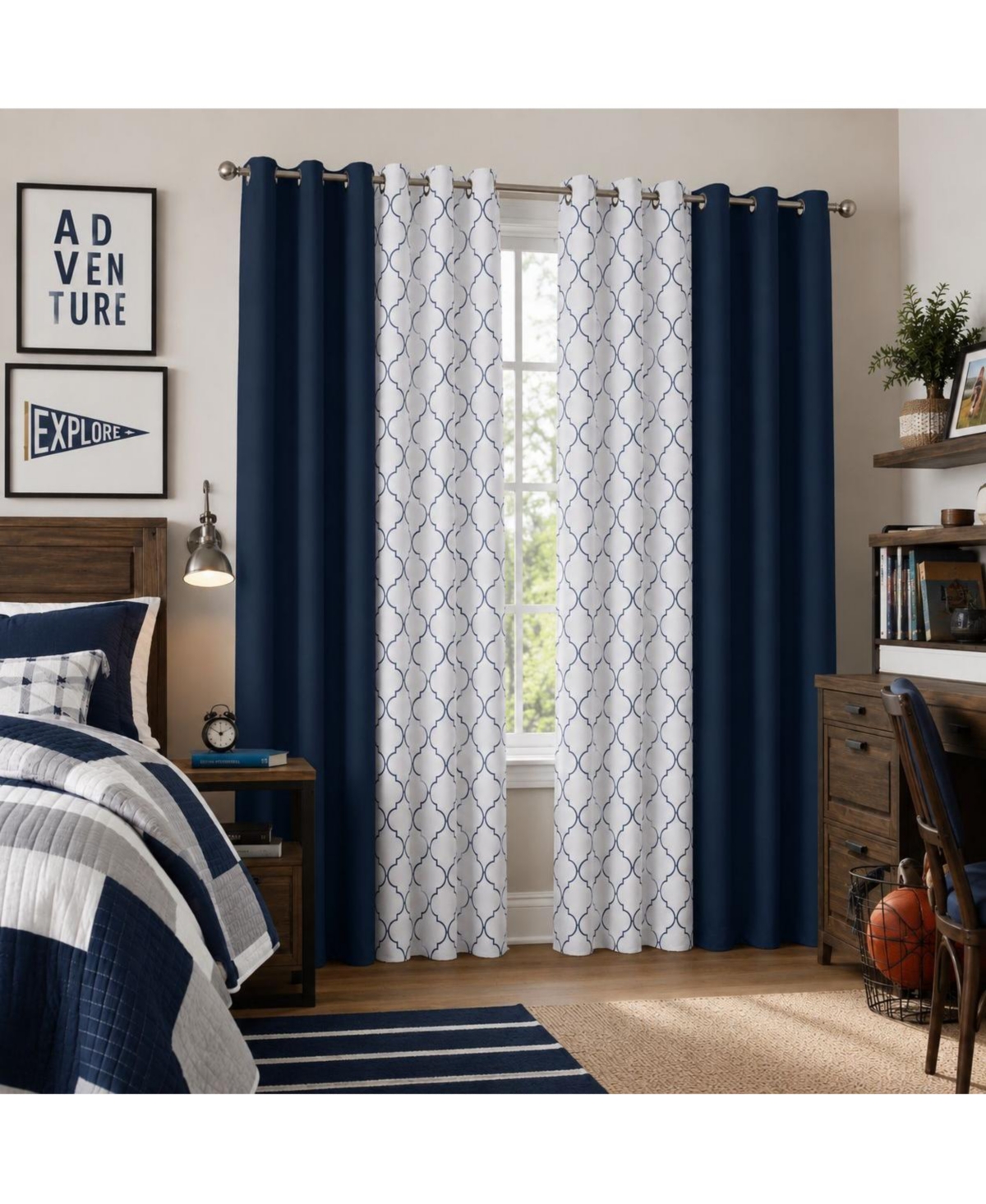 Kate Aurora 4 Piece Navy Dorm Essentials Room Darkening Coordinated Grommet Top Curtain Panels