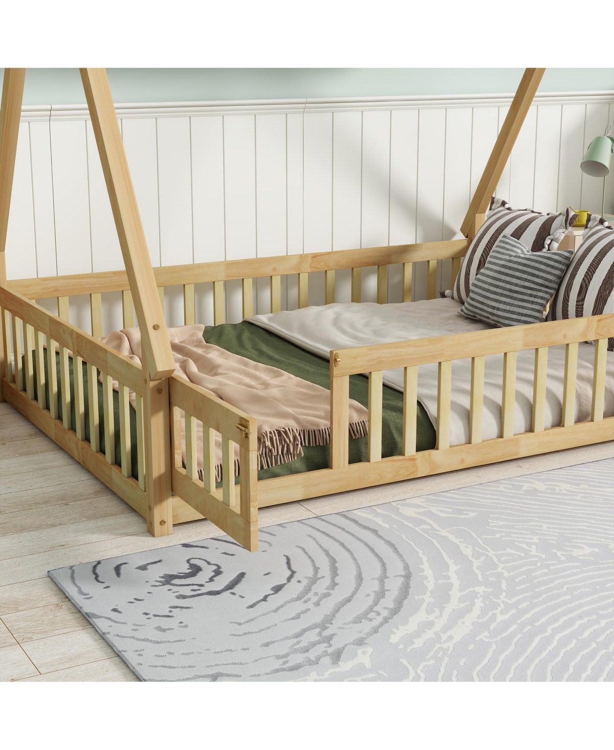 Sailvan Rubber Wood Tent-shaped Floor Bed,with Guardrails,Slats and Door