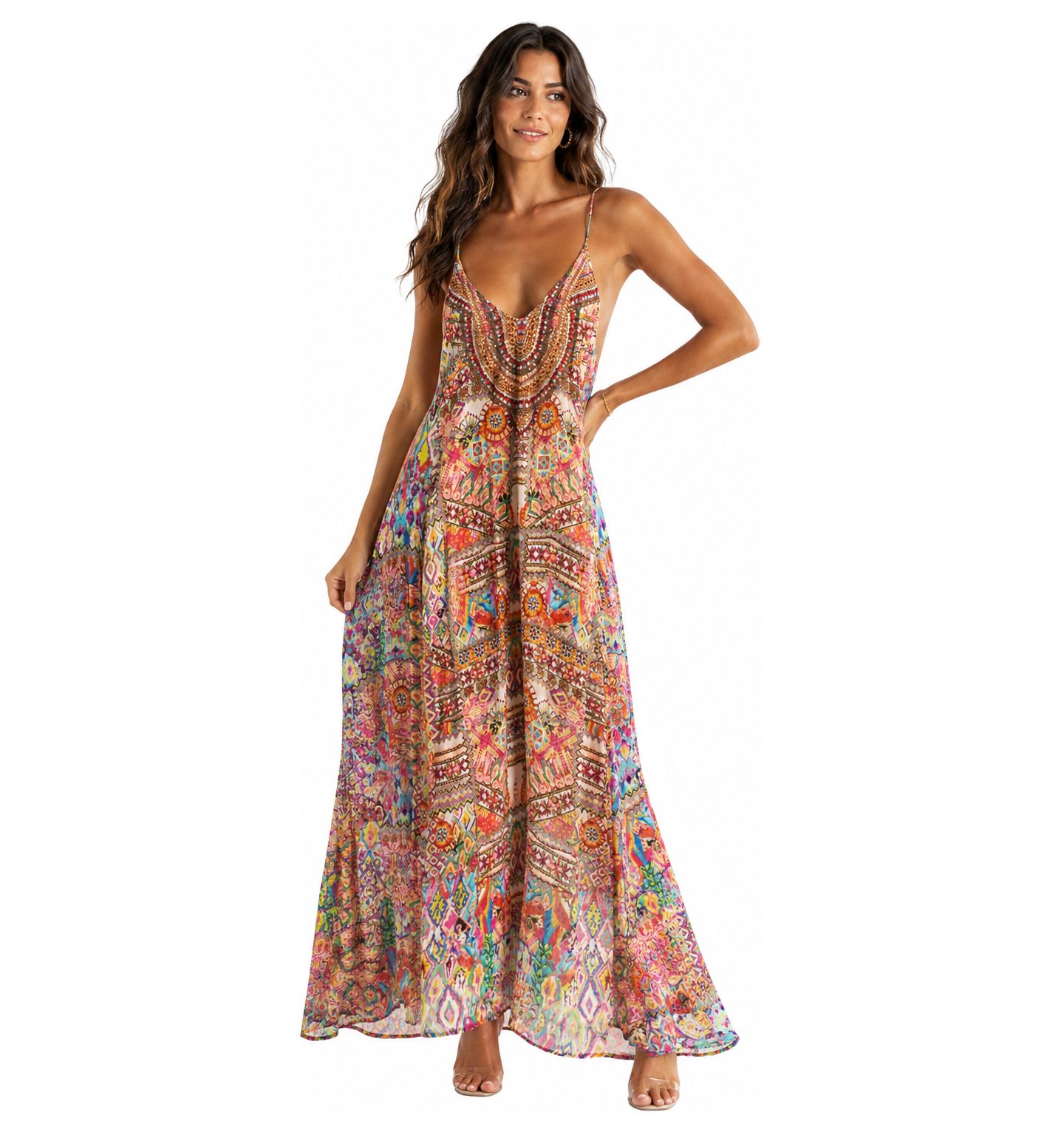 Женское платье La Moda Clothing Halter Plunging V-Neck High-Low Maxi, цвет: Коралловый разноцветный — фото 1