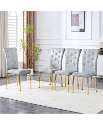 4 Piece Vintage Crocodile Leather Crystal-Clasp Dining Chairs