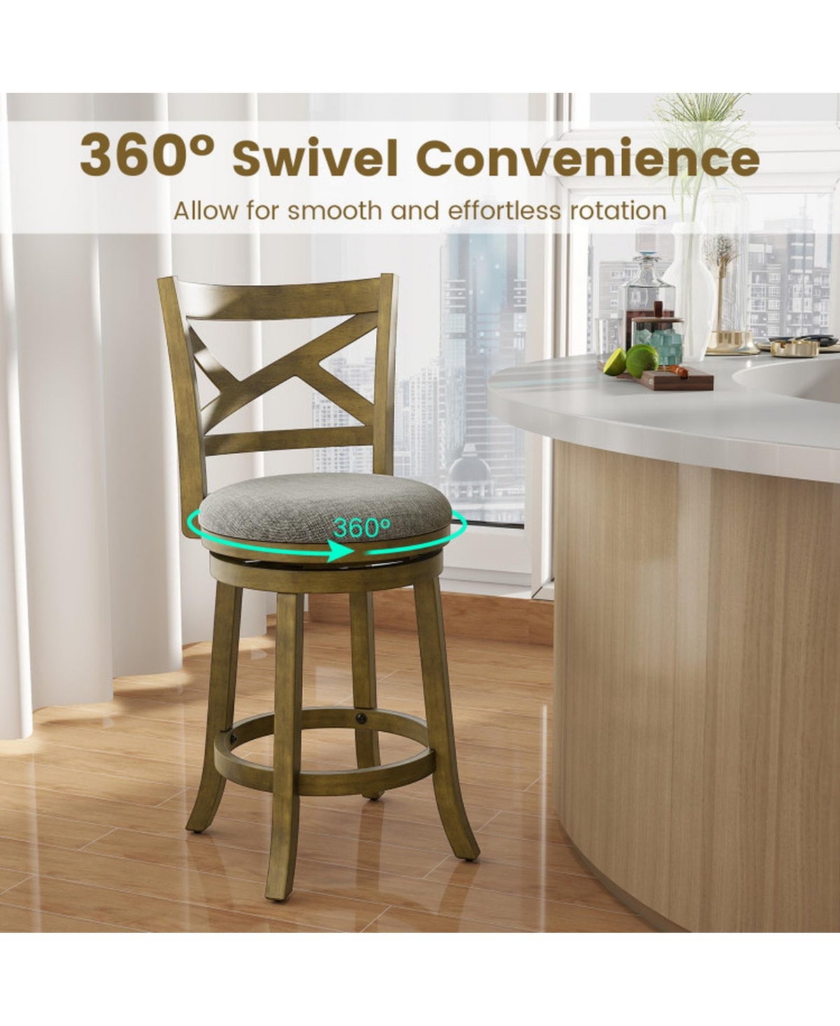 Gouun Rubber Wood Swivel Bar Stools Set of 2 with 25 Inch Linen Padded Seats