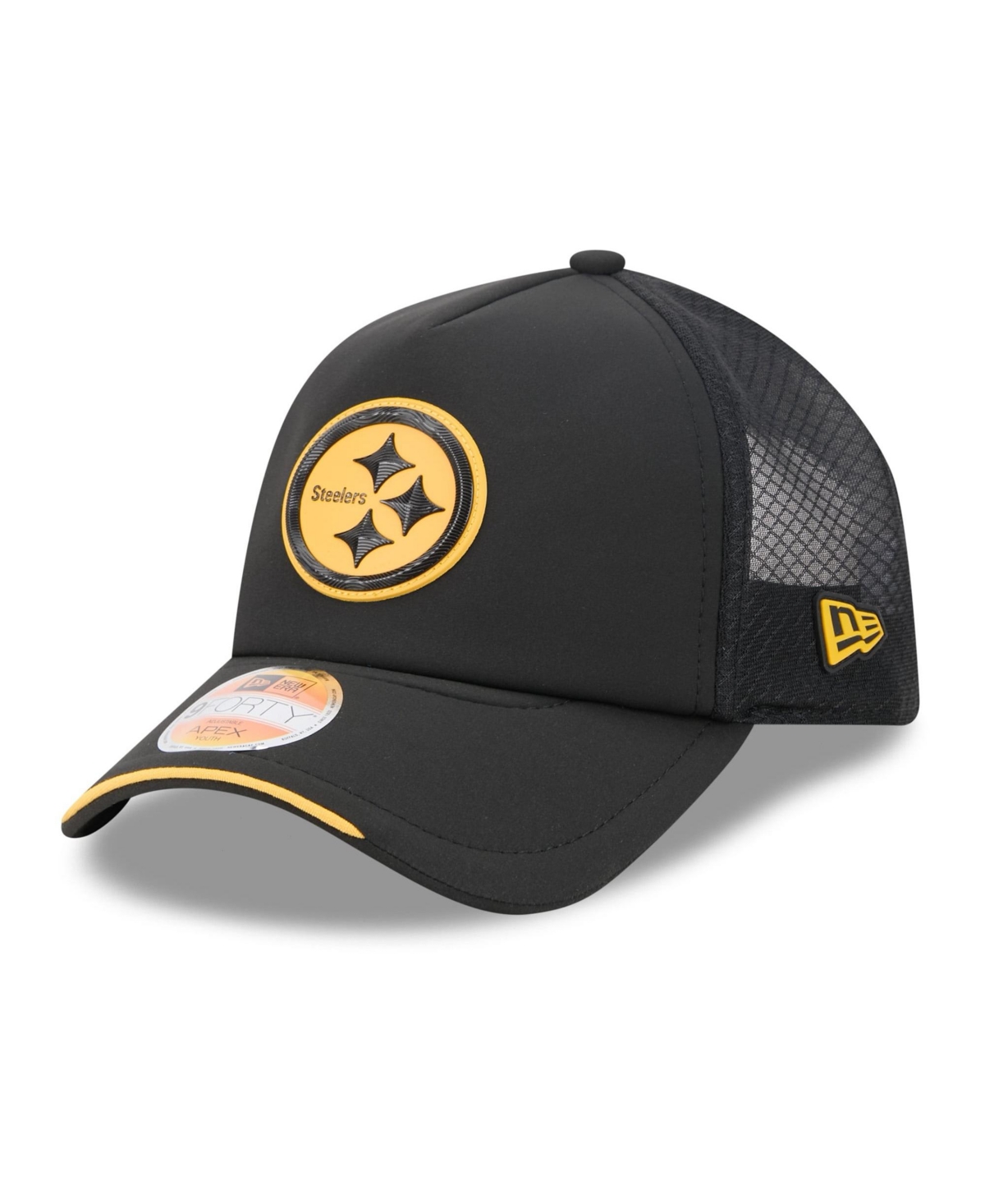New Era Big Boys and Girls Black Pittsburgh Steelers 2026 Sideline Apex 9FORTY Adjustable Trucker Hat