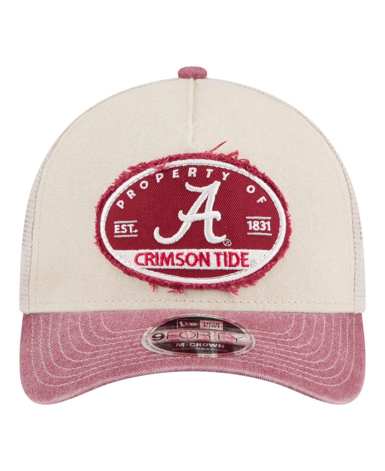 Men's Stone/Crimson Alabama Crimson Tide Frayed Patch 9FORTY M-Crown A-Frame Trucker Adjustable Hat