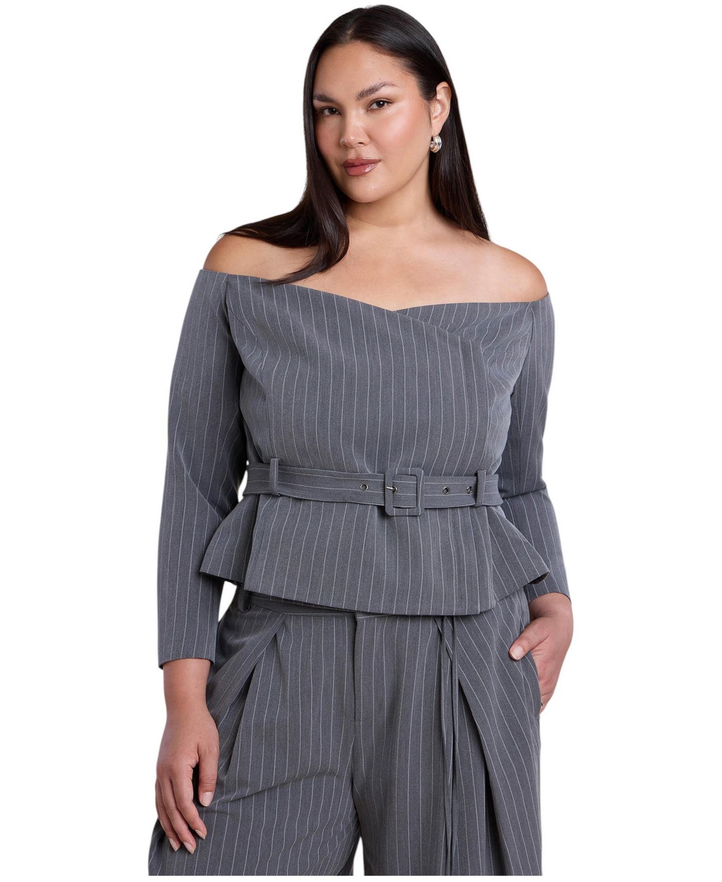 Женский топ ELOQUII Plus Size Off The Shoulder Belted Blazer Top, цвет: Тёмный меланжевый серый — фото 1