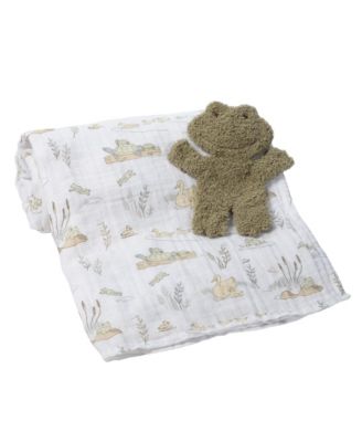 Baby Froggy Cotton Muslin Swaddle Blanket and Frog Lovey, 2-Piece Set