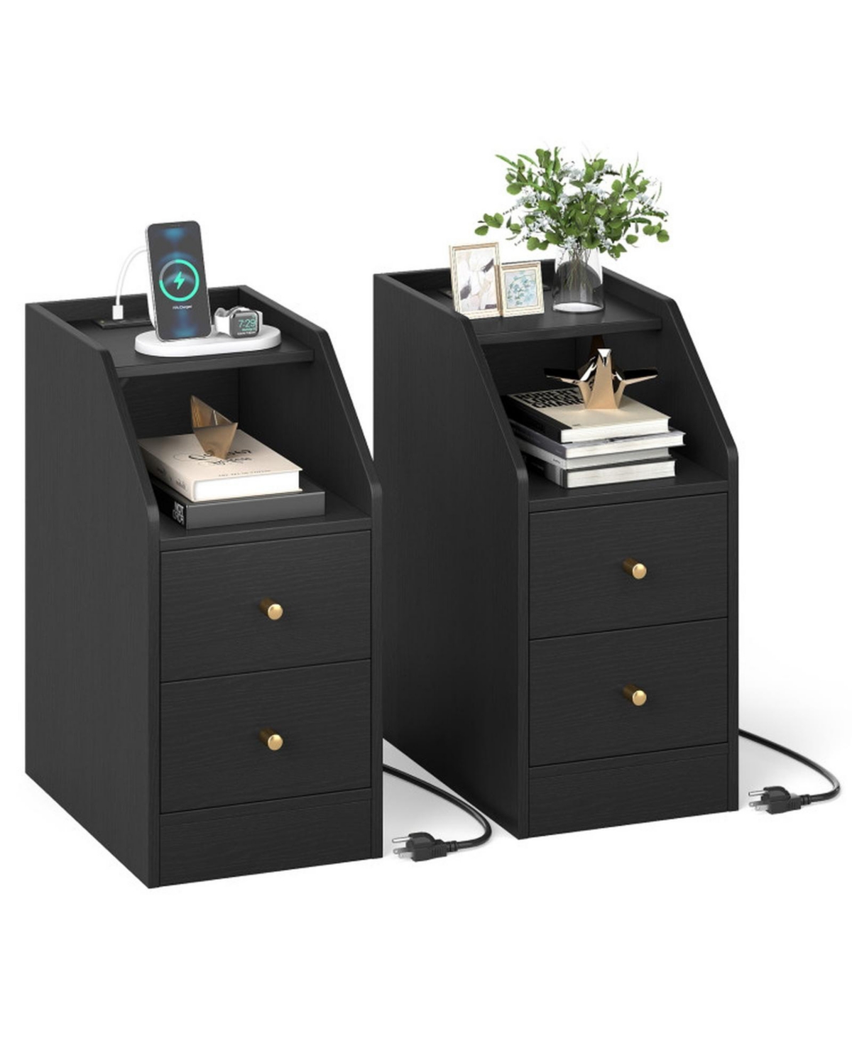 Gouun Set of 2 Side End Tables with Built-in Charging Station and Storage Drawers