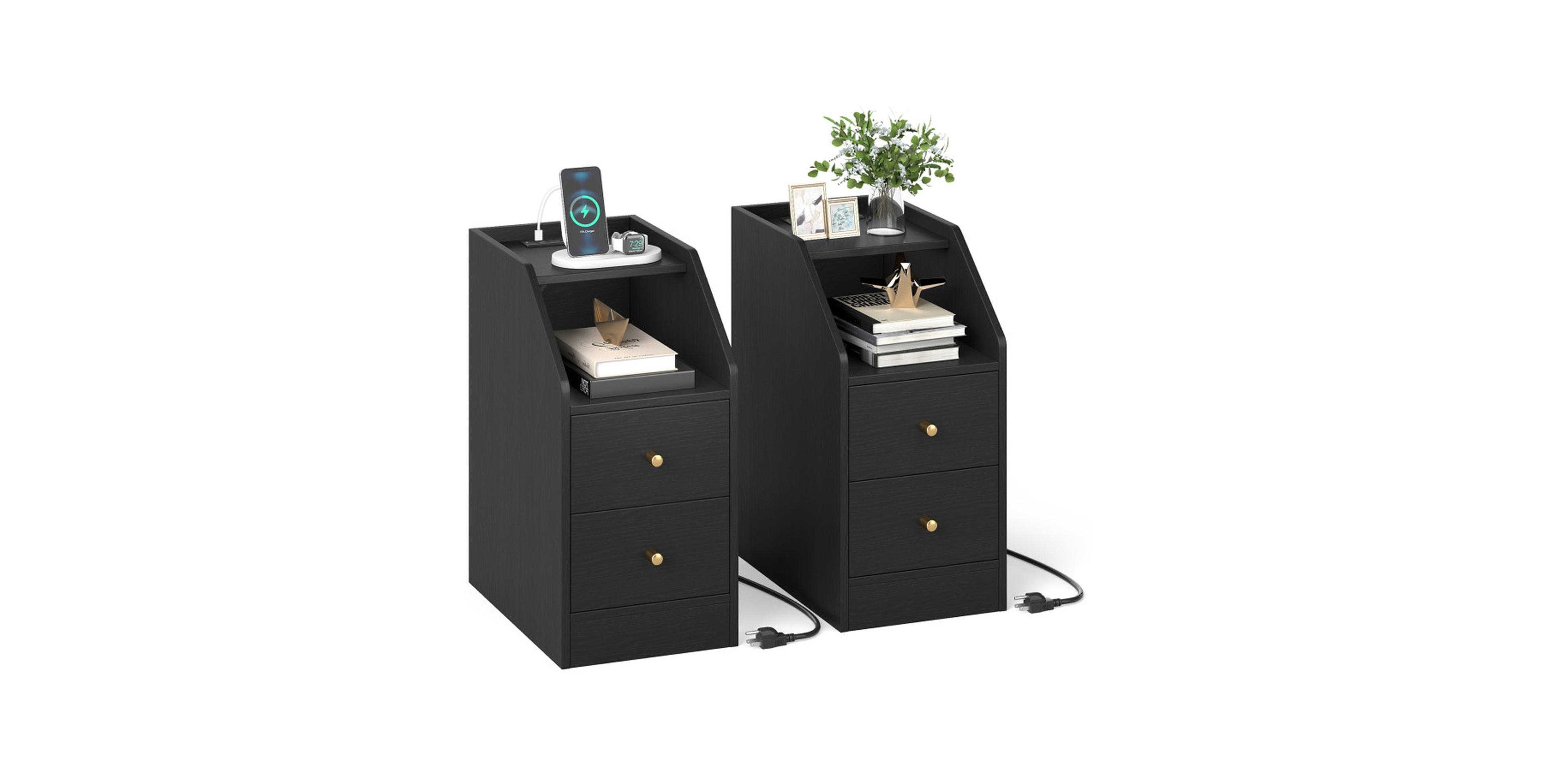 Gouun Set of 2 Side End Tables with Built-in Charging Station and Storage Drawers