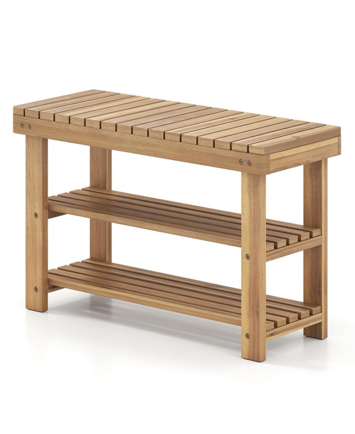 Gouun 28-Inch 3-Tier Solid Wood Shoe Rack Bench with Slatted Shelves - Natural