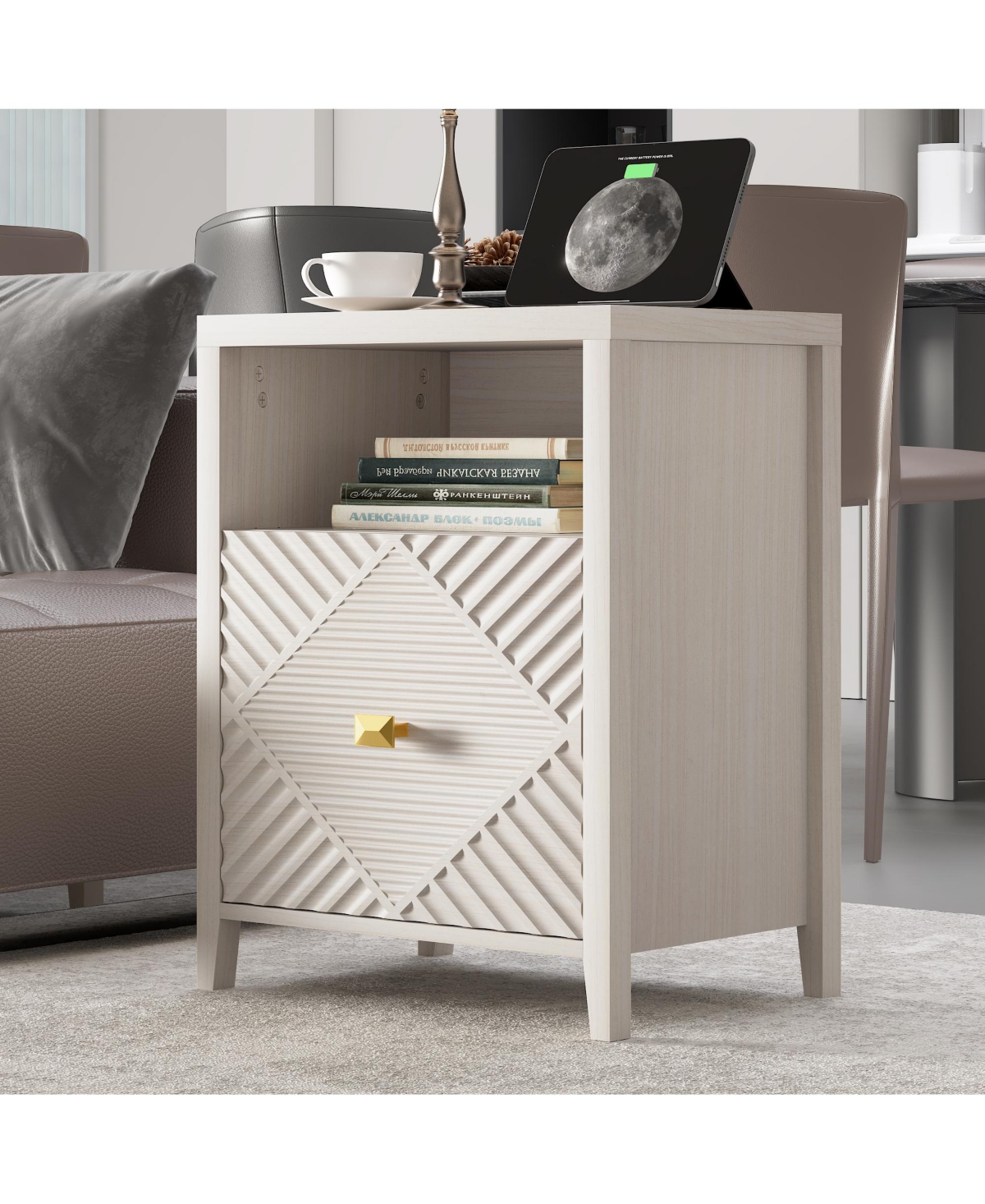 Flynama Charging Station Nightstand, 19.68"W×17.16"D×25.2"H - Beige