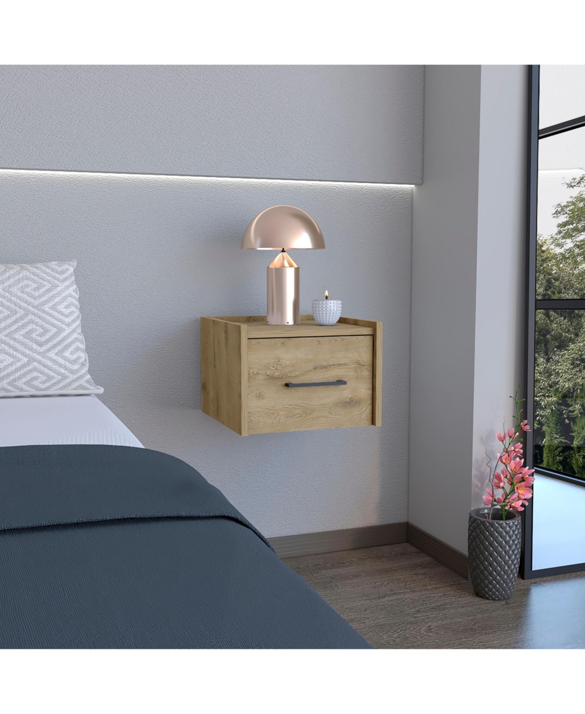 Flynama Floating Nightstand with Drawer, Wall Mounted Bedside Table, Macadamia Finish