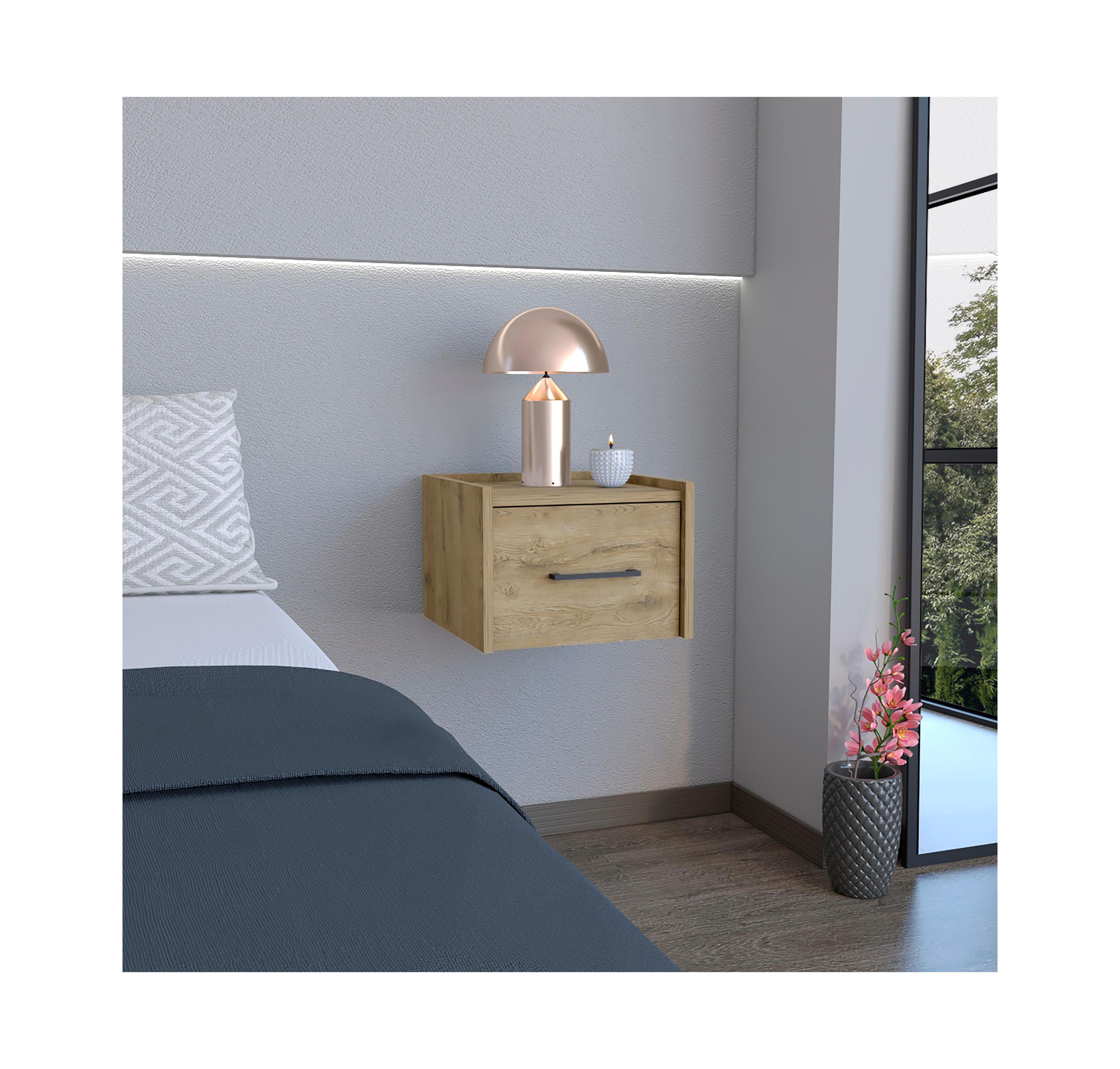 Flynama Floating Nightstand with Drawer, Wall Mounted Bedside Table, Macadamia Finish