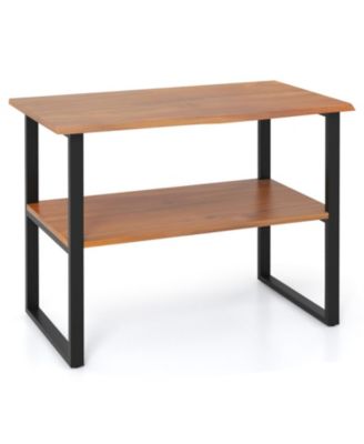 2-Tier Teak Wood End Table with U-Shaped Solid Wood Legs