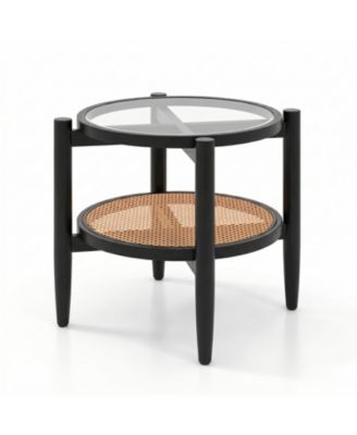 Round Side End Table with Tempered Glass Top and Rattan Shelf