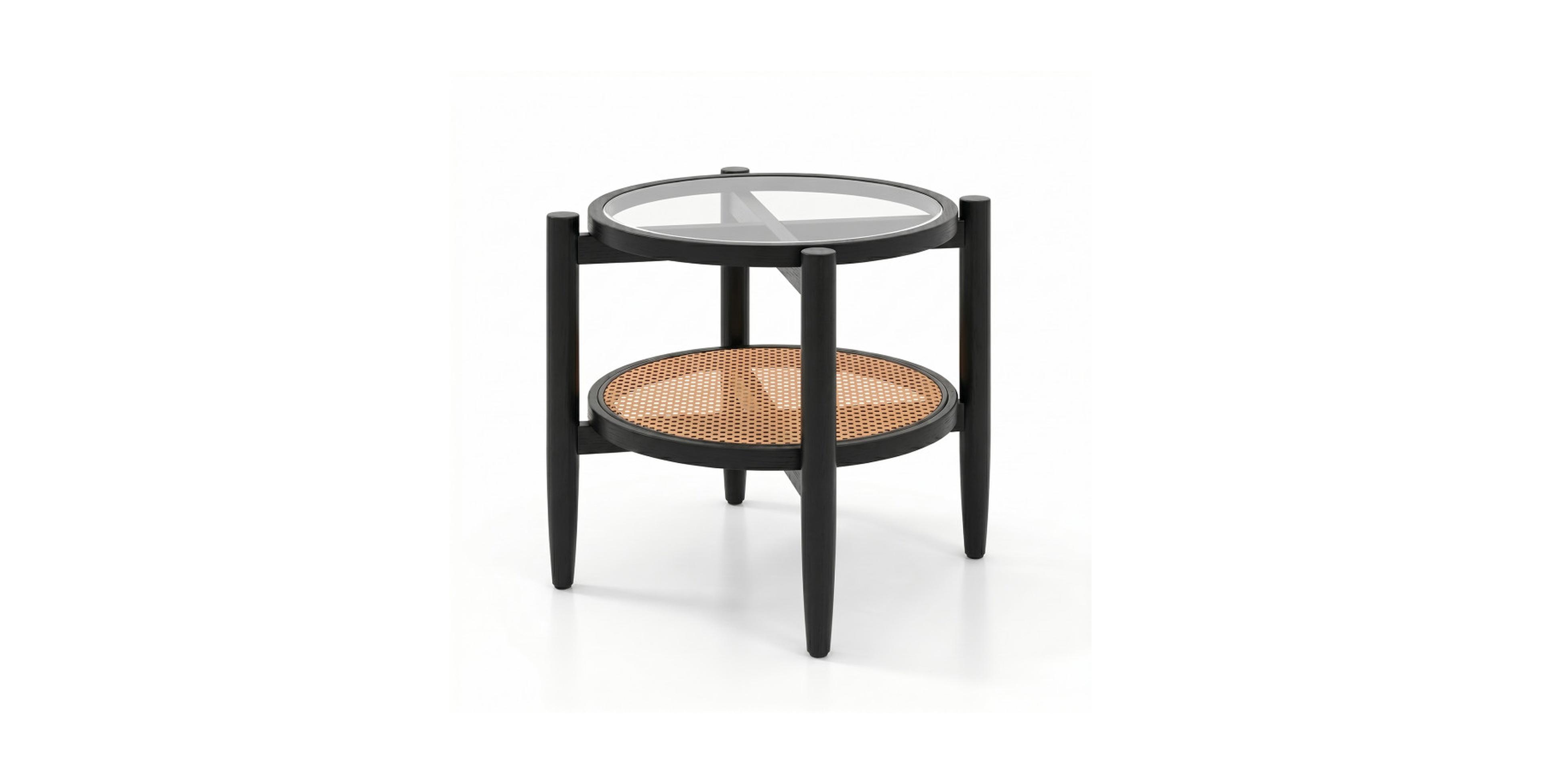 Gouun Round Side End Table with Tempered Glass Top and Rattan Shelf