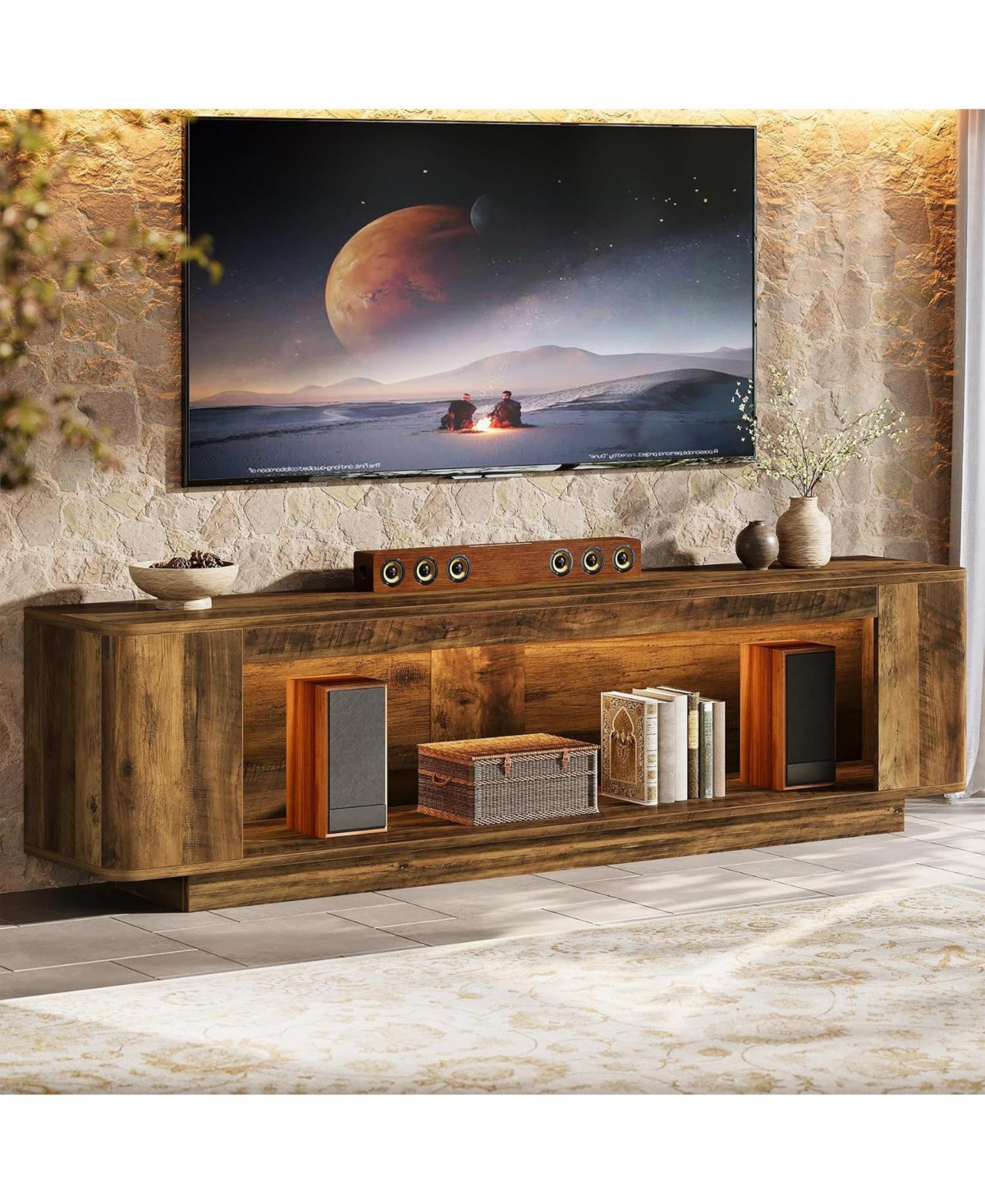 Tribesigns 70.9-Inch Tv Stand with Led Light Strip, Farmhouse Entertainment Center for 65/70/75/80-Inch TVs - Rustic brown