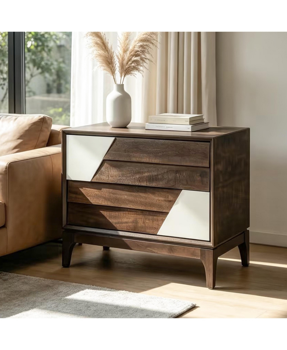 Flynama Japandi Nightstand, 2-Drawer Angled Patchwork Bedside Table with Tapered Legs - Brown
