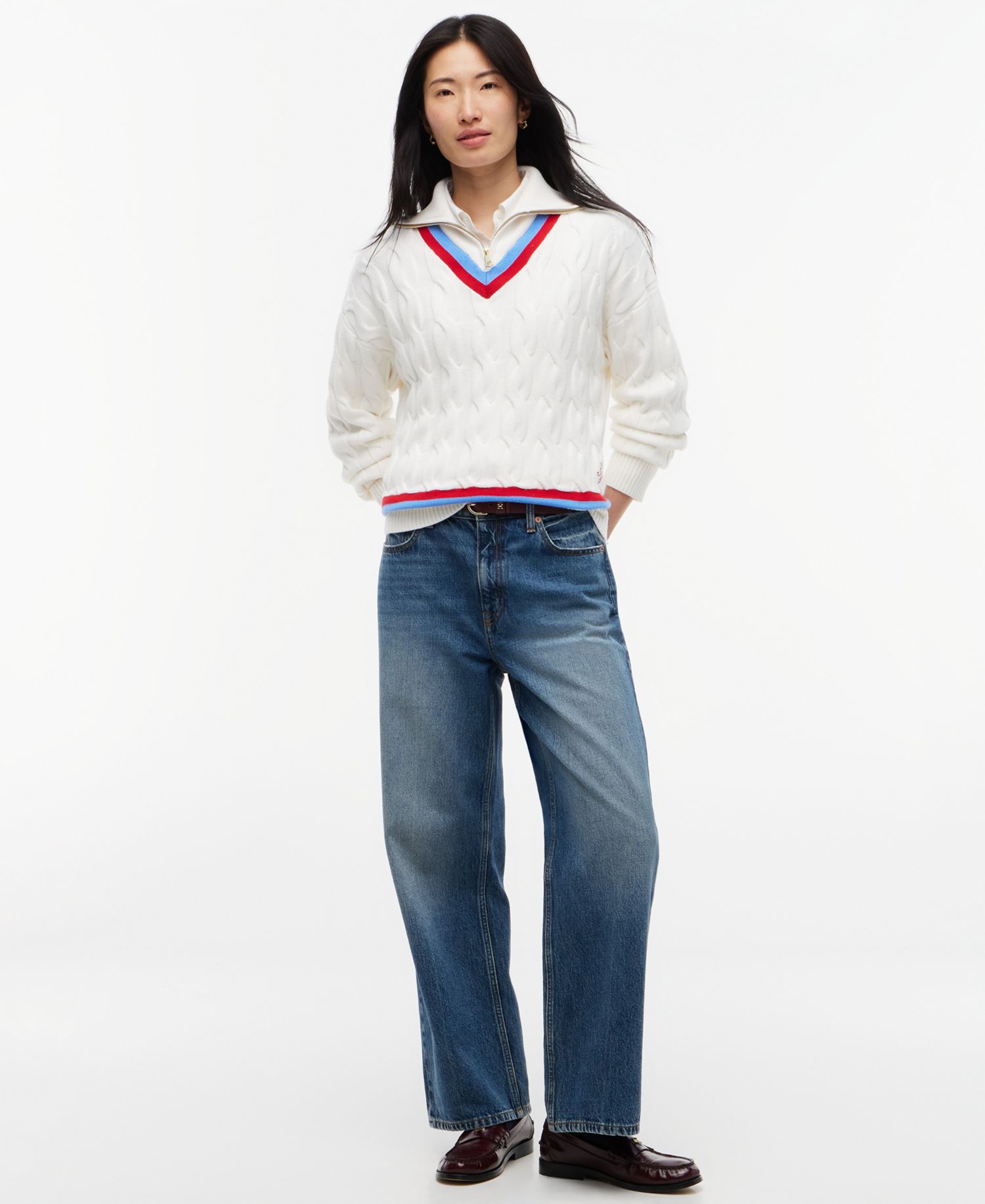 Women's Cable Half Zip Cricket Turtleneck Relaxed-Fit Sweater