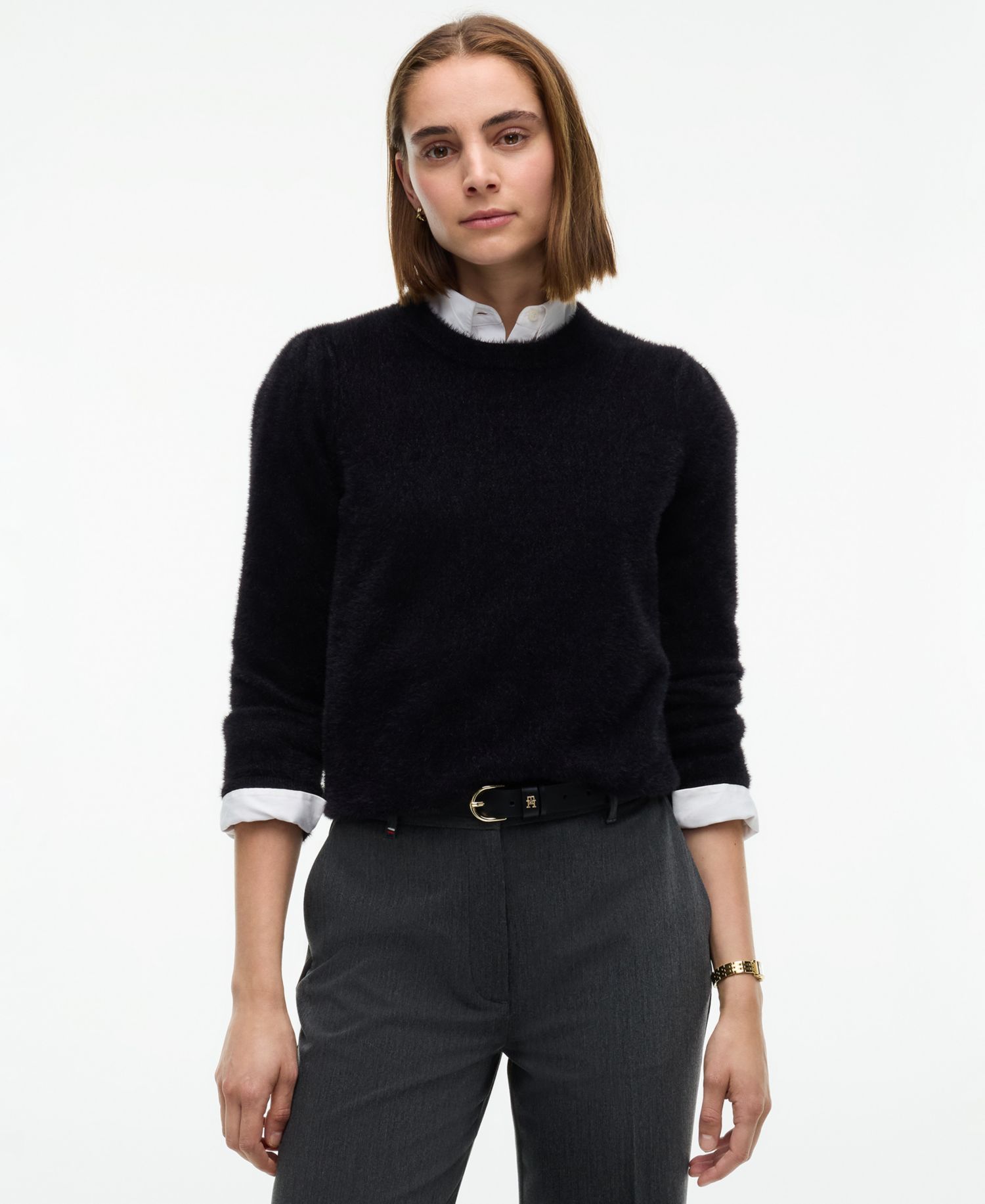 Women's Textured-Lurex Lightweight Crewneck Long-Sleeve Sweater