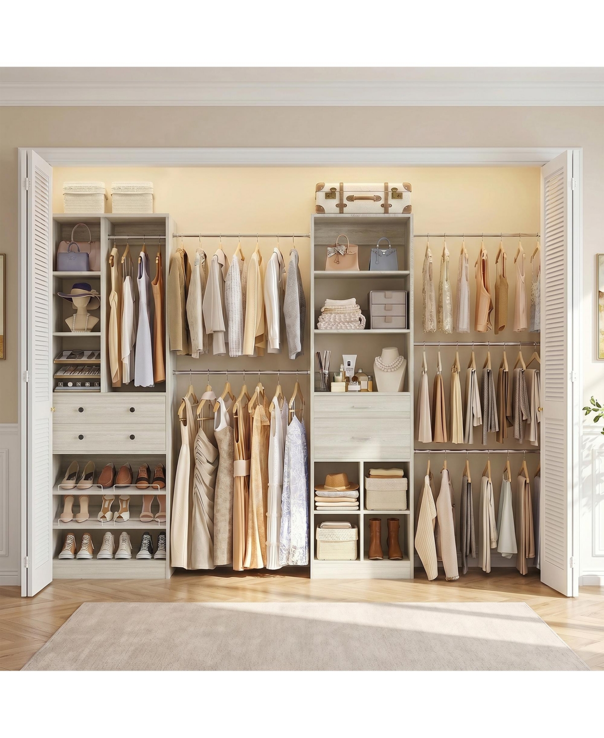 Aheaplus Walk-in Closet Organizer Set with 4-Drawers and Shelves, Up to 10.7 Ft Closet System - Beige oak