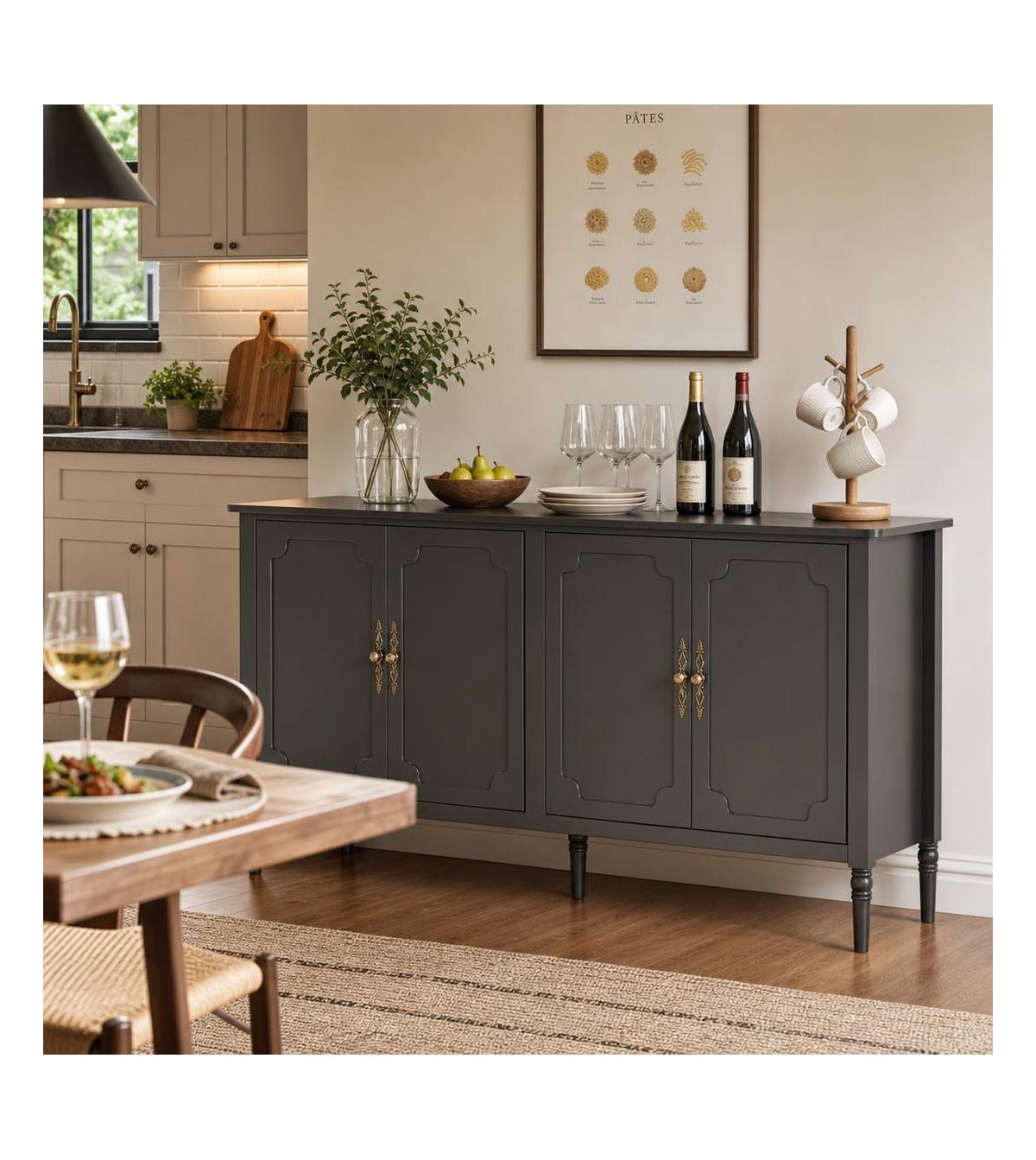 homfan 59" Vintage Buffet Sideboard Cabinet - Mid Century Modern Storage Cabinet with Shelves for Kitchen and Dining Room