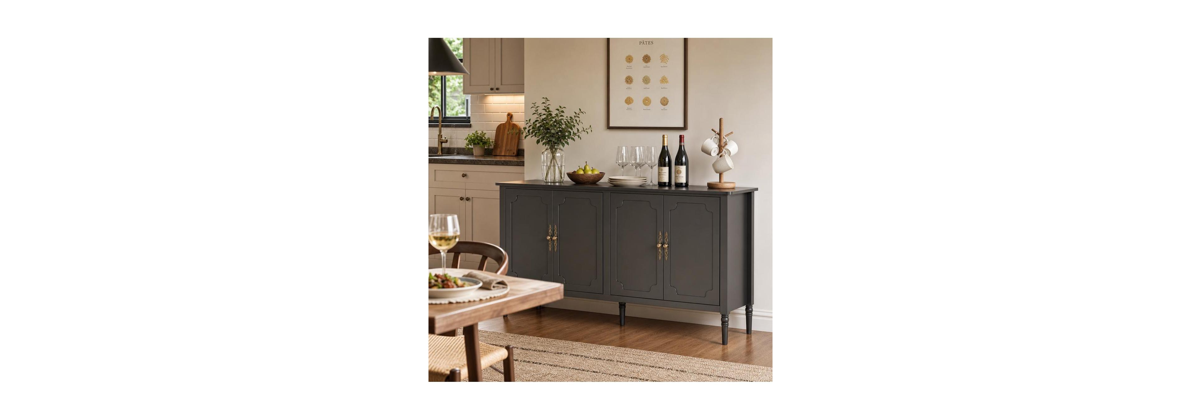 homfan 59" Vintage Buffet Sideboard Cabinet - Mid Century Modern Storage Cabinet with Shelves for Kitchen and Dining Room