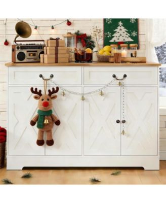 57" White Farmhouse Sideboard Buffet Cabinet with 2 Drawers and Adjustable Shelves, Coffee Bar Storage