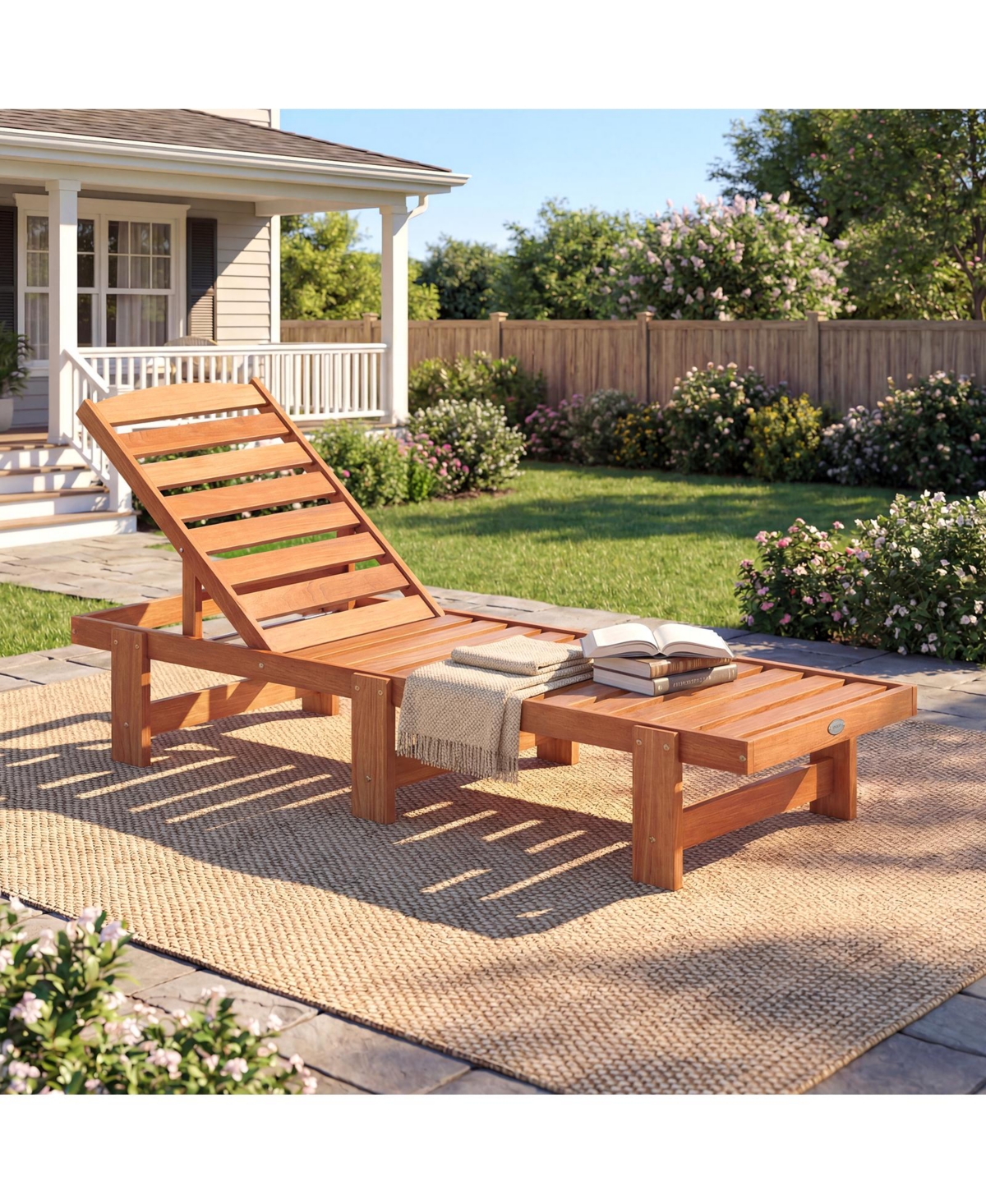 Costway Patio Chaise Lounge Chair Solid Wood Outdoor Recliner with Adjustable Backrest