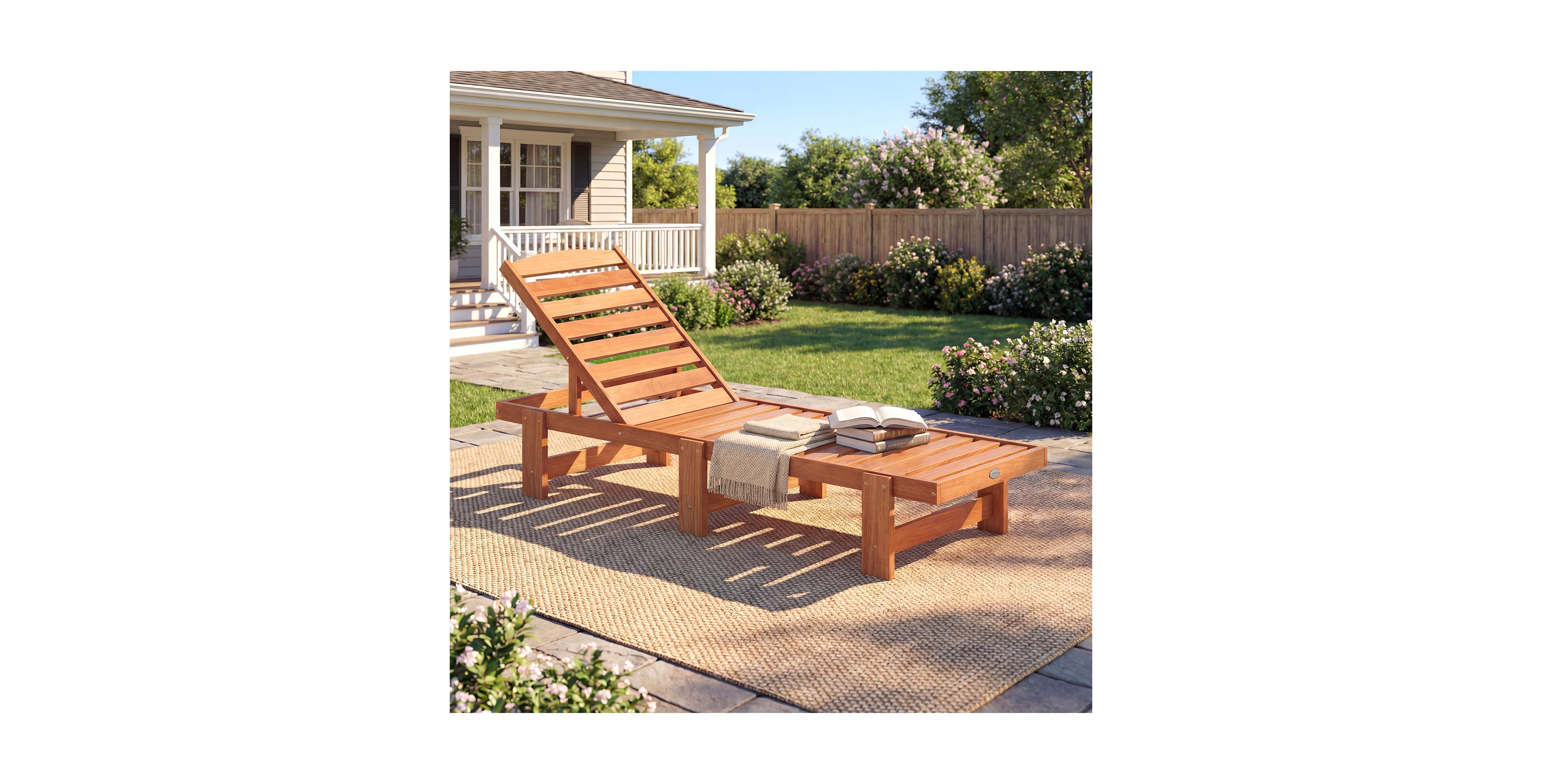 Costway Patio Chaise Lounge Chair Solid Wood Outdoor Recliner with Adjustable Backrest