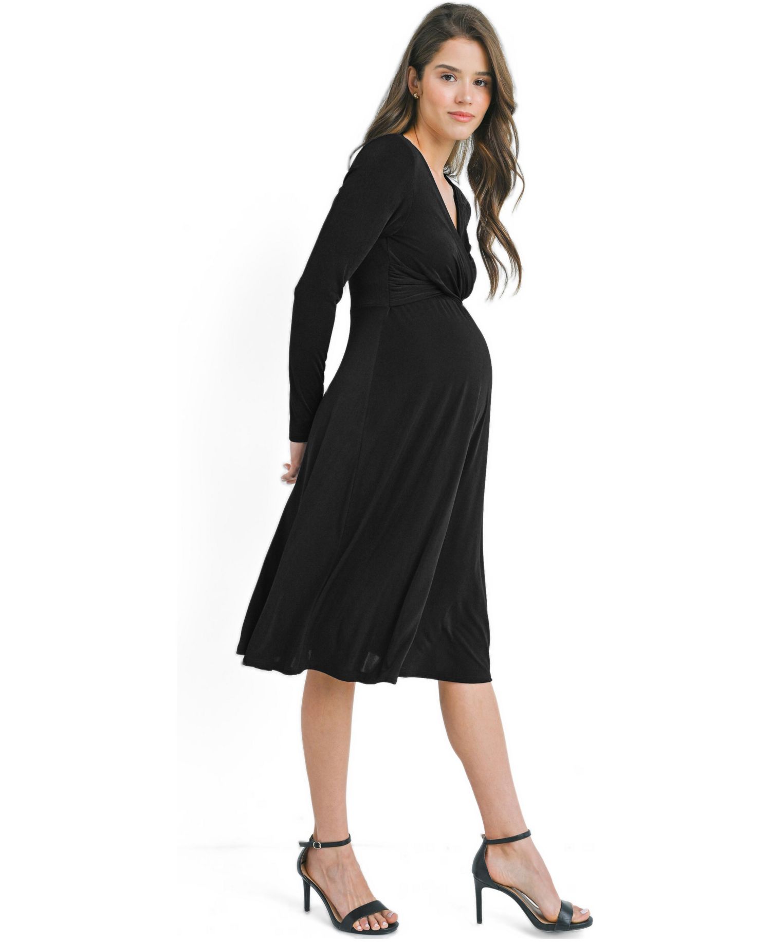 Maternity Nursing Surplice V-Neck Long-Sleeve Midi Dress