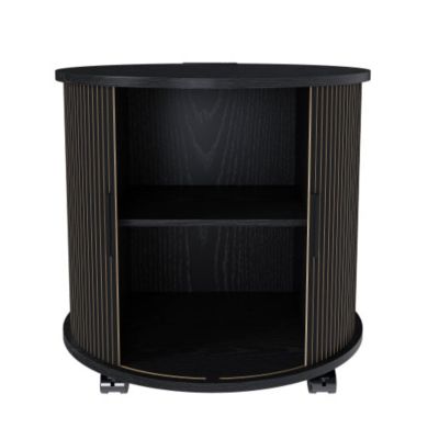 Cylinder Nightstand, Mid-Century Round End Table with Charging Station and 2-Tier Storage