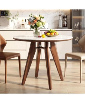 31.5" Round Dining Table, Modern Sintered Stone Kitchen Table with Solid Wood Legs for Dining Room