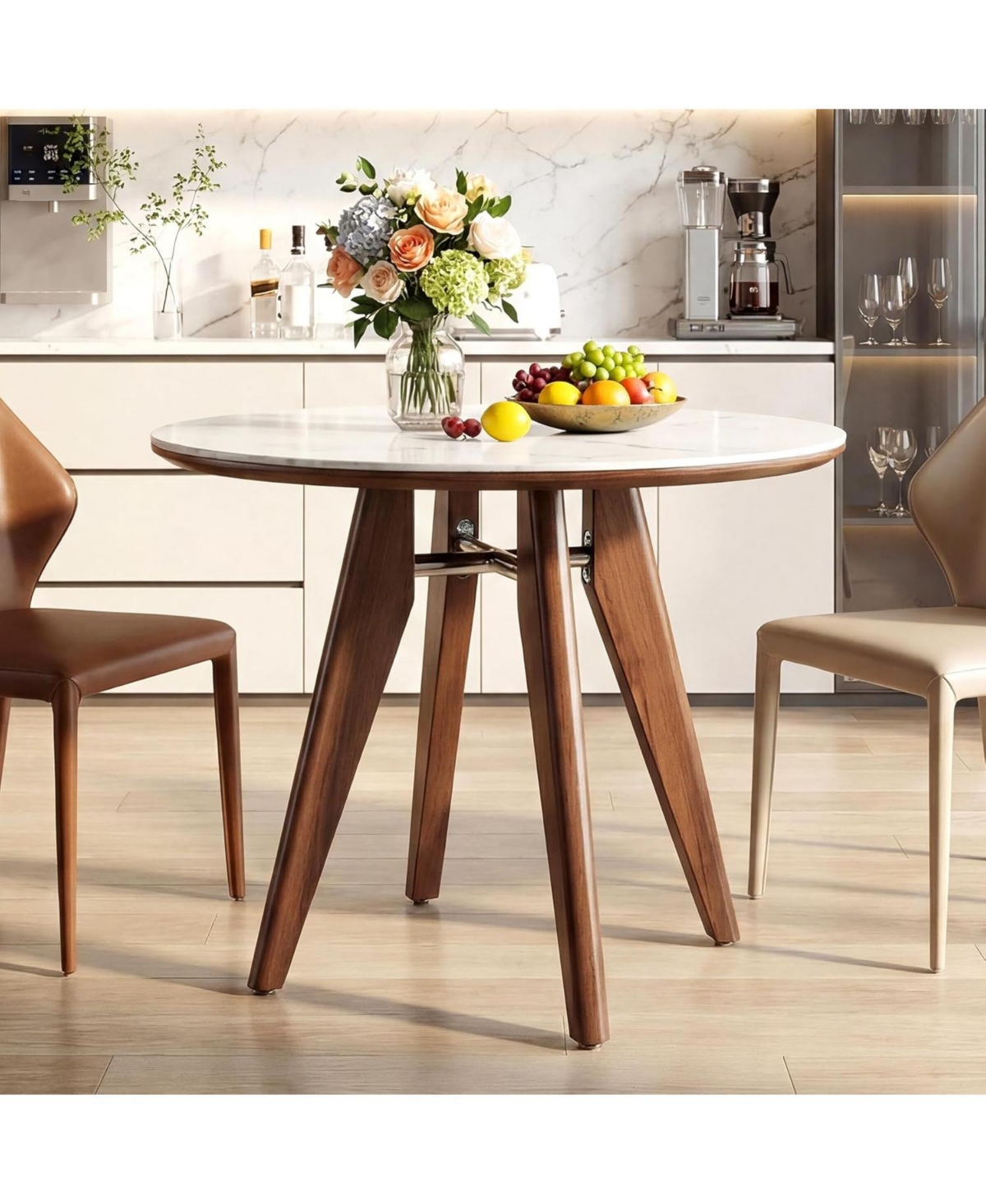 Tribesigns 31.5" Round Dining Table, Modern Sintered Stone Kitchen Table with Solid Wood Legs for Dining Room - Glossy white  brown