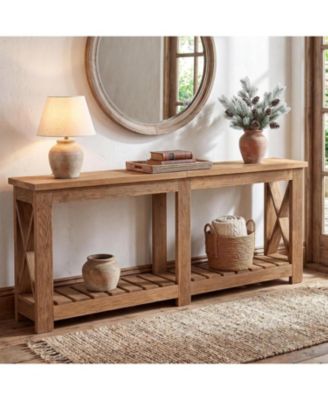 Solid Wood Console Table: 70.9" extra long farmhouse sofa table with storage shelves for living room, hallway, entrance.