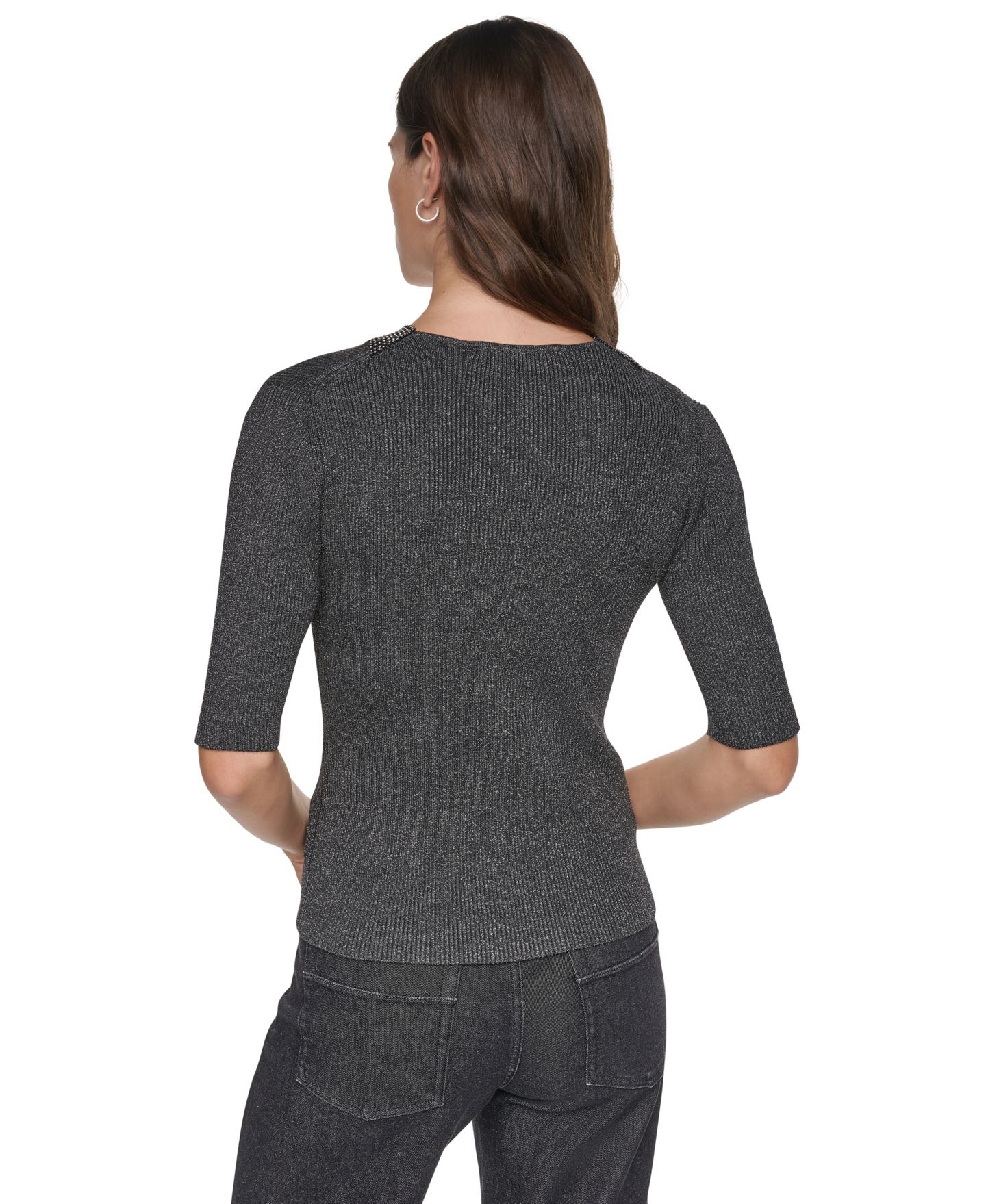 Женский свитер DKNY Embellished Lurex V-Neck, цвет: Асфальтовый меланжевый — фото 6
