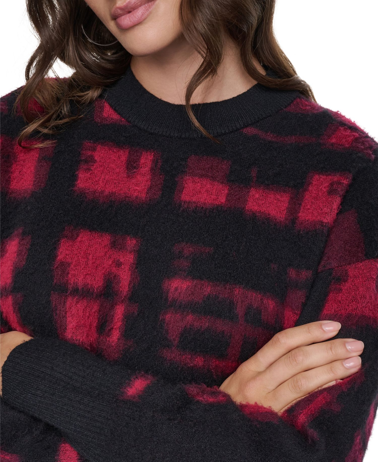Women's Brushed-Plaid Long-Sleeve Crewneck Pullover Sweater