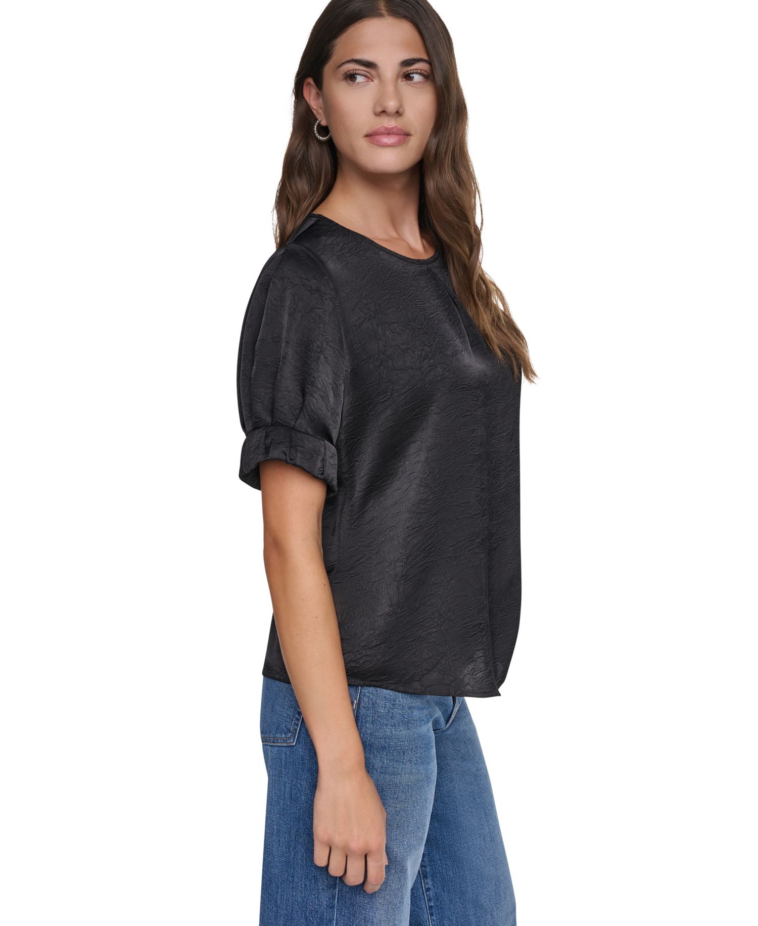 Women's Satin Roll-Sleeve Slight-Crease Crewneck Blouse